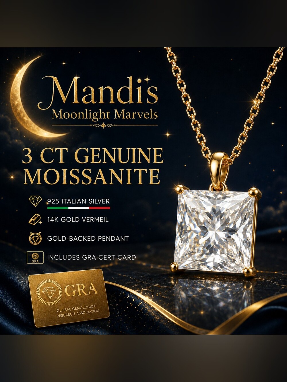 925 Sterling Silveer 14k Gold Vermeil Square 3CT MOISSANITE  Pendant Necklace